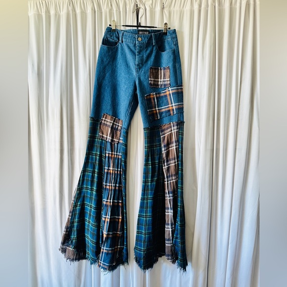 Dolls Kill Blue Plaid Patchwork Flare Pants - Picture 2 of 12